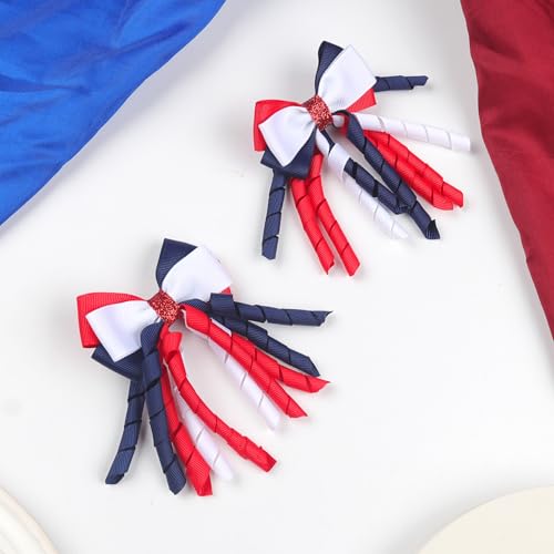 Doneace Independence Day Hair Bow Clips - 2 Pcs Red White Blue Curly Ribbon Hairpins for Girls