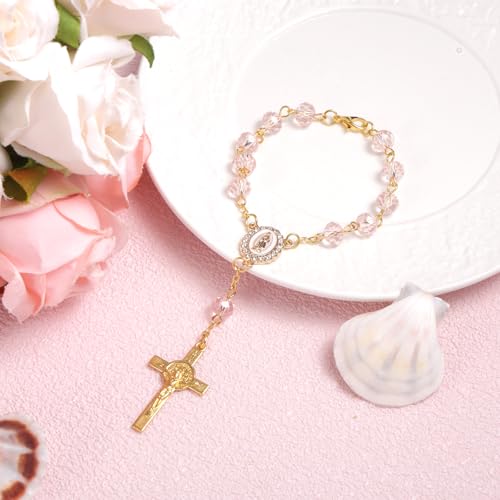Pink Mini Car Rosary with Cross Pendant for Rearview Mirror