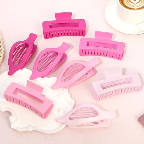 CHANDAT Pink Hair Claw Clips 8 Pcs Large Square & Flat Hair Clips for Thick and Thin Hair