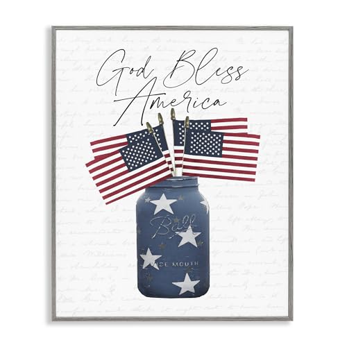 Stupell Industries Patriotic God Bless America Country Quote Jar Flags, Designed by Lettered and Lined Wall Art, 11 x 14, Grey Framed