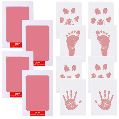 LelonHo 4 Pack Pink Inkless Baby & Pet Handprint Footprint Kit with 8 Cards