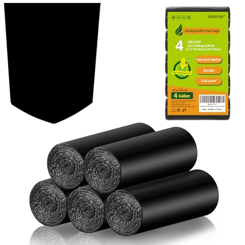 Inwaysin 4 Gallon Biodegradable Trash Bags - 100 Count Unscented Mini Garbage Bags for Kitchen, Bathroom, Office