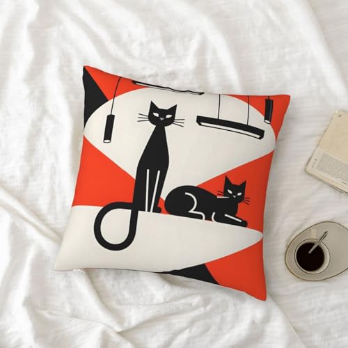 Mid-Century Modern Black Cat Throw Pillow Cover 18"x18"