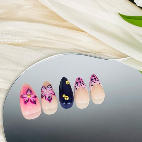 Purple Floral French Tip Press on Nails - 24Pcs Medium Acrylic Fake Nails