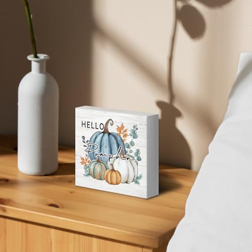 Rustic Blue Pumpkin Wooden Box Decor - 5x5 Autumn Home Accent