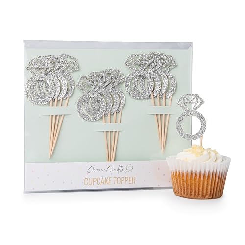 CloverCrafts 12 Glitter Diamond Ring Cupcake Toppers - 2" for Bachelorette & Bridal Showers