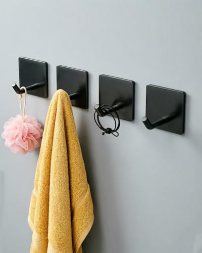 EDMILE Black Self Adhesive Towel Hooks - Heavy Duty Waterproof 4 Pack
