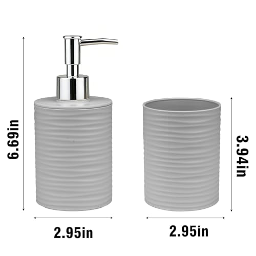 Gray Bathroom Set with Ripple Texture Soap Dispenser & Toothbrush Holder