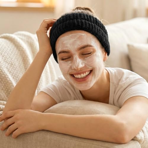 Spa Headbands for Face Washing - 2Pcs Soft Flannel Absorbent Elastic Skincare Headband for Women and Men (Black, White)