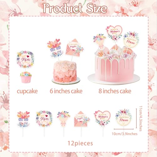 12 PCS Happy Mother's Day Cake Toppers - Floral Decorations