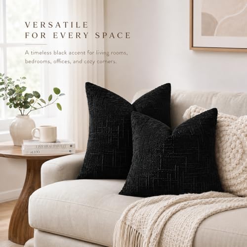 HOSHEN HOME Black Chenille Throw Pillow Covers 18x18 Inch Set of 2