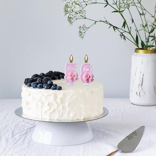 58th 85th Birthday Candles with Pink Glitter Bow - Elegant Cake Topper