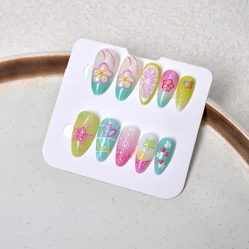 Medium Almond Press on Nails 3D Flower Fruit False Nails 24Pcs