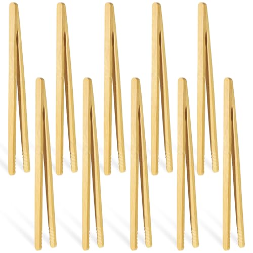 JJUNW 10 Pcs Bamboo Toast Tongs - Anti-Slip 7 Inch Wooden Utensils