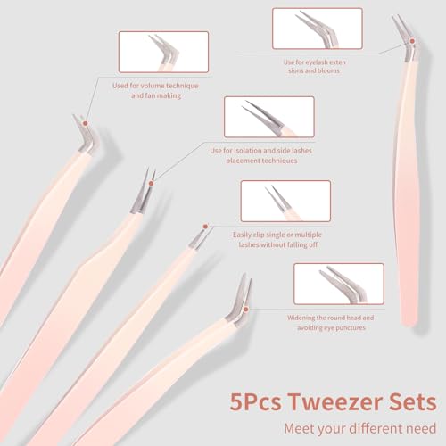 5 Pcs Lash Extension Tweezers Set - Stainless Steel Straight and Curved Tools