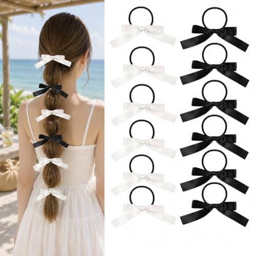 12PCS Silky Satin Hair Bows Ties for Girls and Women, Black and White Ribbon Ponytail Holder Elastics