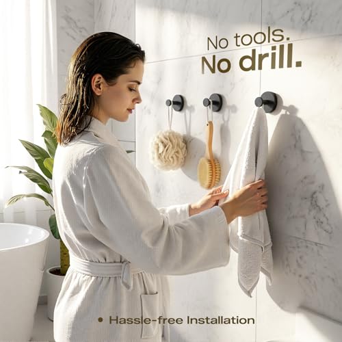 LOOHOI Heavy Duty Suction Cup Hooks - 4 Pack Black Stainless Steel Towel Hooks