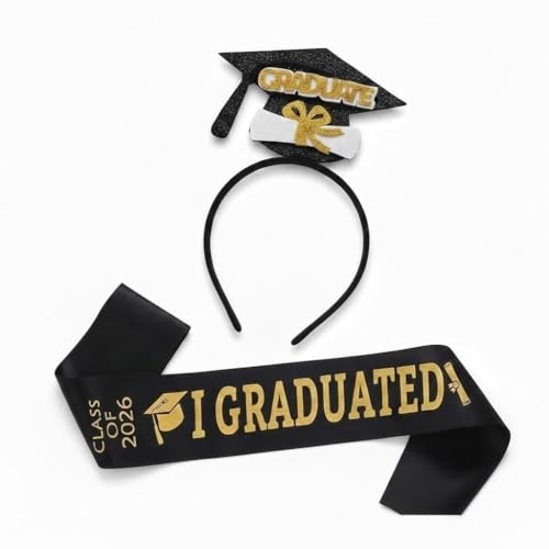 Embroidered Class of 2026 Graduation Stole and Golden Hairband Set