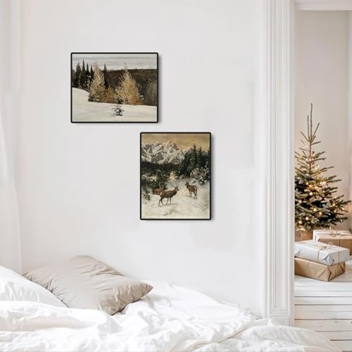 Vintage Christmas Wall Art Print - Rustic Winter Landscape Oil Painting (8" x 10", Unframed)