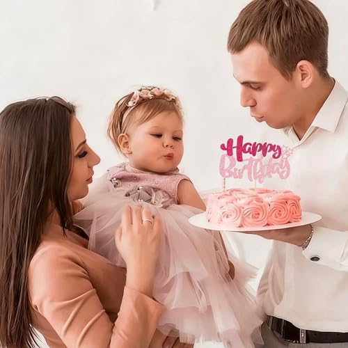 Pink Glitter Happy Birthday Cake Topper for Girls - 5.6x3.5in