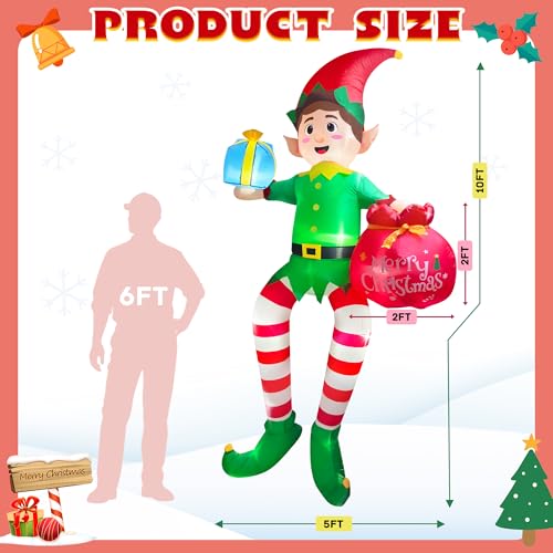 10FT Sitting Elf Inflatable Christmas Yard Decoration with LED Lights - Buddy the Elf with Gift Bag