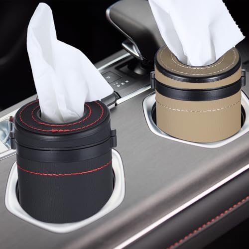 Car Tissue Holder - Premium PU Leather Cylinder Box with Window Breaker - Beige & Black