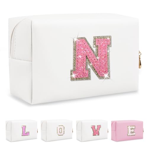 ChaoGreat Personalized Initial Makeup Bag - White PU Leather Glitter Letter Toiletry Pouch