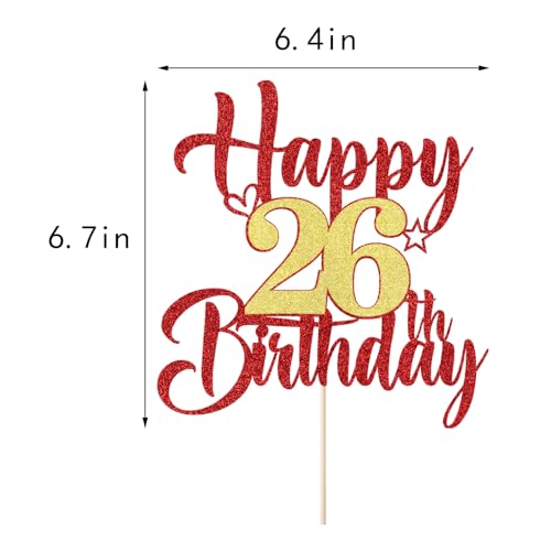 Happy 26th Birthday Cake Topper - Red Gold Glitter Decoration
