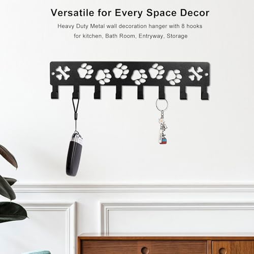 FEUNLEM Dog Paw Wall Key Holder & Leash Rack - 8-Hook Black Metal Organizer
