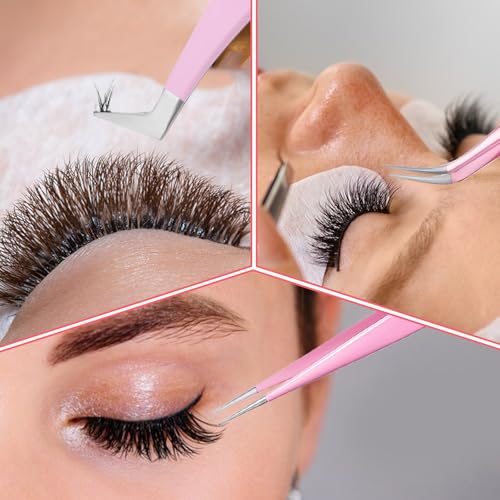 Xelsluthe 3-Piece Stainless Steel Eyelash Extension Tweezers Set, Straight and Curved Precision Lash Tools for Volume Lashes and Nail Art