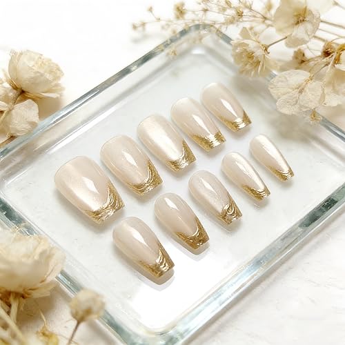 Nude and Gold French Tip Press On Nails Medium Square False Nails Kit