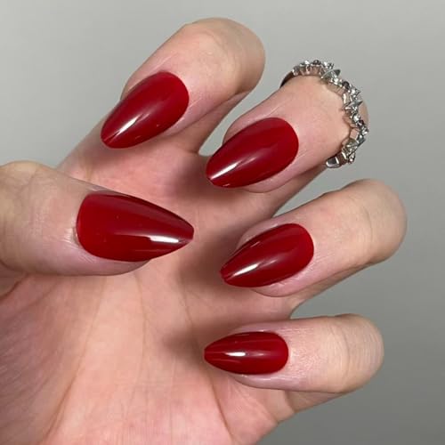 elarossa Short Red Almond Press on Nails, French Tip Fake Nails with Glue