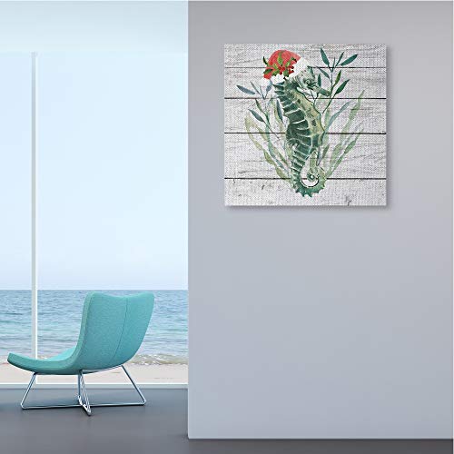 Christmas Seahorse Santa Hat Wall Art - Coastal Holiday Canvas 30x30 Inch Variation of Coastal
