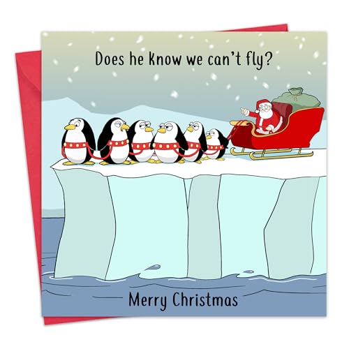 Funny Christmas Card - Sleigh Penguins Holiday Greeting Card for Men Women Kids