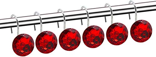FINROS 12-Piece Red Diamond Crystal Bling Shower Curtain Hooks Rings