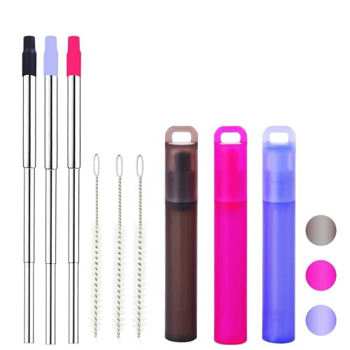 NAIVELY 3-Pack Collapsible Stainless Steel Straws with Case & Brush