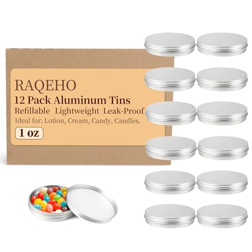 RAQEHO 1oz Aluminum Tin Containers with Lids, 12-Pack Small Round Metal Jars