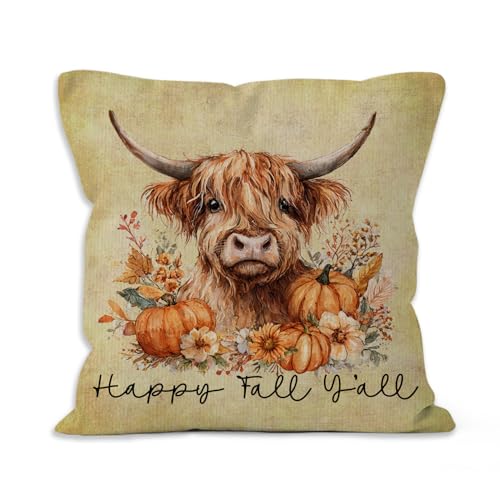 Vintage Fall Cow Throw Pillow Cover 18x18 - Rustic Farmhouse Design