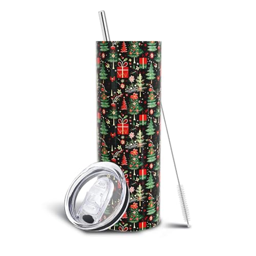 Christmas Tree Gifts 20oz Skinny Tumbler Cup with Lid & Straw - Variation of Christmas Tree Tumbler-01