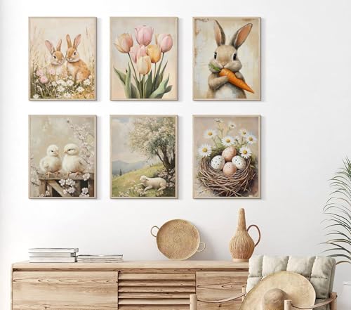 Easter Wall Art Set - 6 Vintage Canvas Prints, 8x10 Inch