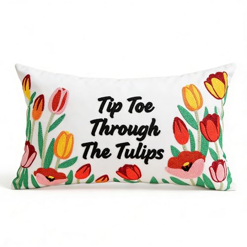 Embroidered Flower Tulip Pillow Cover 12x20 Inch for Home Decor