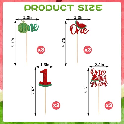 12-Piece Watermelon Cupcake Toppers for 1st Birthday Party
