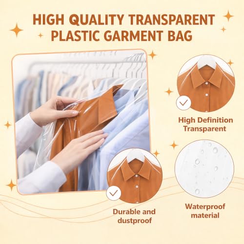 Zevixone 35.5in Clear Plastic Garment Bags - 40 Pack, Clothes & Suit Covers