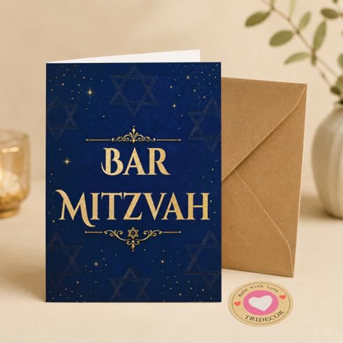 Elegant Bar Mitzvah Greeting Card - 5x7 Navy & Gold Folded Card with Envelope