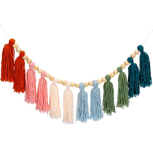 Boho Tassel Garland with Wood Beads - Colorful Wall Decor