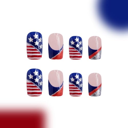 Independence Day Press on Nails Short Square Fake Nails Red Blue Glitters