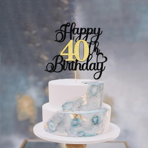 Auteby Black Gold Glitter 40th Birthday Cake Topper