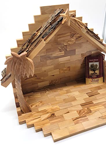 Olive Wood Nativity Stable - Handmade Bethlehem Christmas Decor 13.5x10.5x7.12 Inches