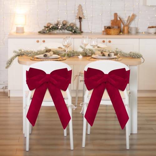 Christmas Velvet Chair Sashes - Red Bow Set of 8 - 15.7x23.6 Inches with Elastic Bands - Holiday Party Decor