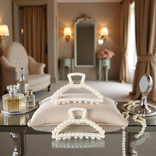 2-Piece Large White Faux Pearl Claw Clips for Thick & Thin Hair
